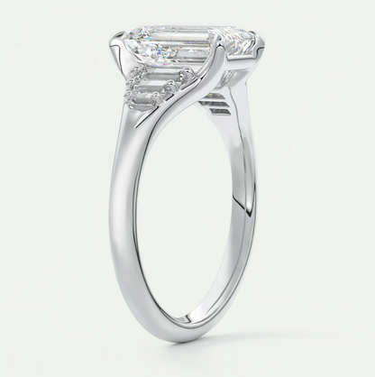 Custom made solena emerald split shank engagement ring with baguette side stones | diamond lab