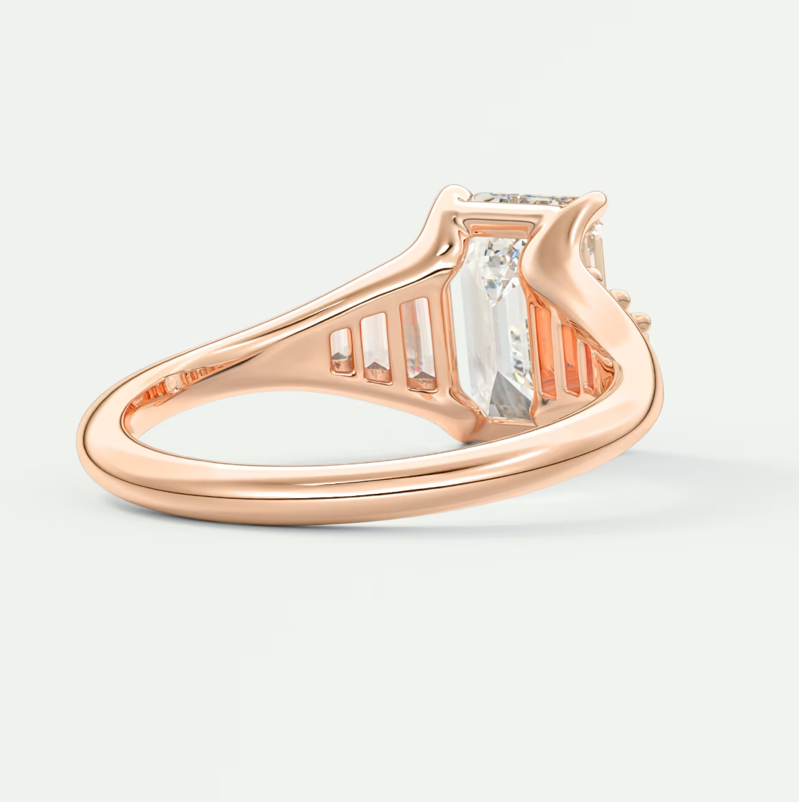 Custom made solena emerald split shank engagement ring with baguette side stones | diamond lab