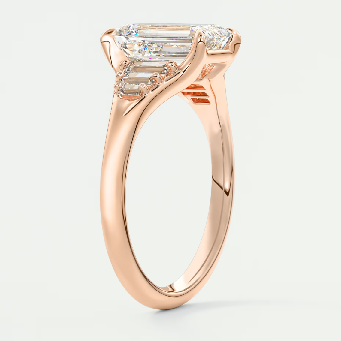 Custom made solena emerald split shank engagement ring with baguette side stones | diamond lab