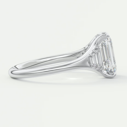 Custom made solena emerald split shank engagement ring with baguette side stones | diamond lab