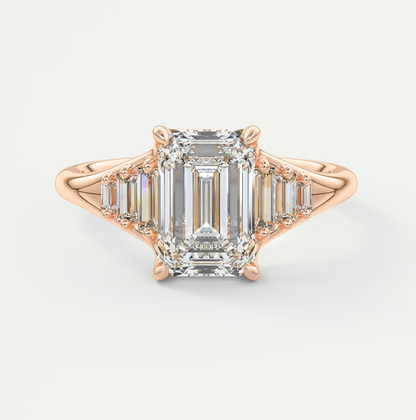 Custom made solena emerald split shank engagement ring with baguette side stones | diamond lab