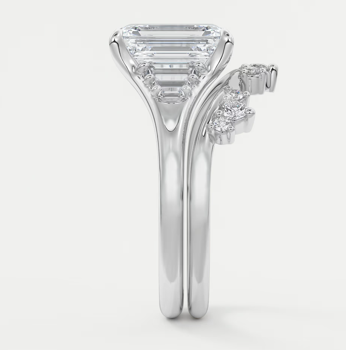 Custom made solena emerald split shank engagement ring with baguette side stones | diamond lab