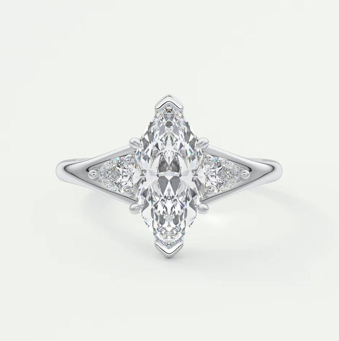 Custom made solena marquise three-stone engagement ring with split shank | diamond lab