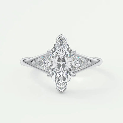 Custom made solena marquise three-stone engagement ring with split shank | diamond lab