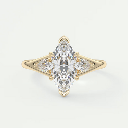Custom made solena marquise three-stone engagement ring with split shank | diamond lab