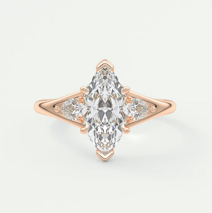 Custom made solena marquise three-stone engagement ring with split shank | diamond lab