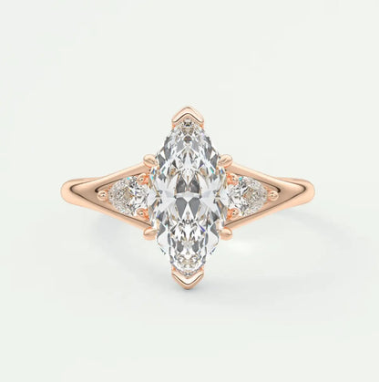 Custom made solena marquise three-stone engagement ring with split shank | diamond lab