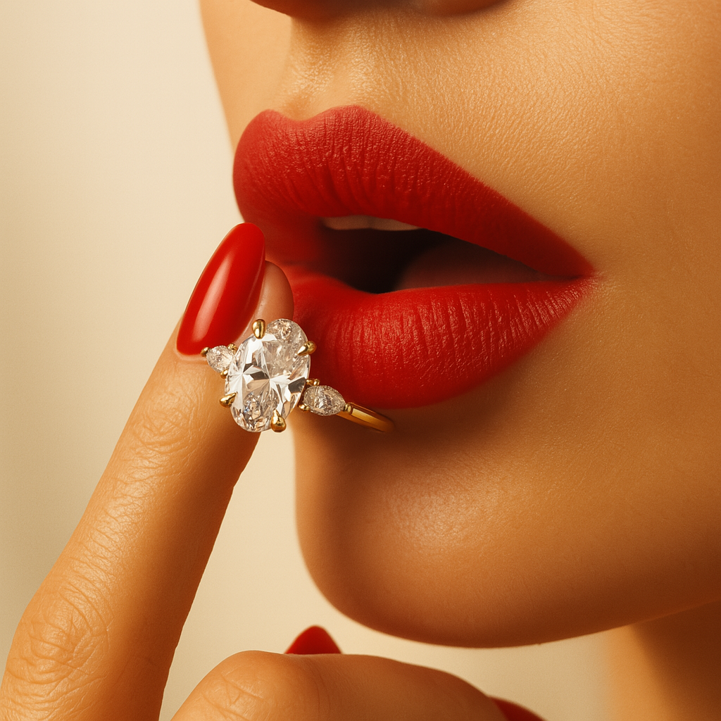 Close-up of a woman's lips with a diamond ring held between her fingers against a beige background