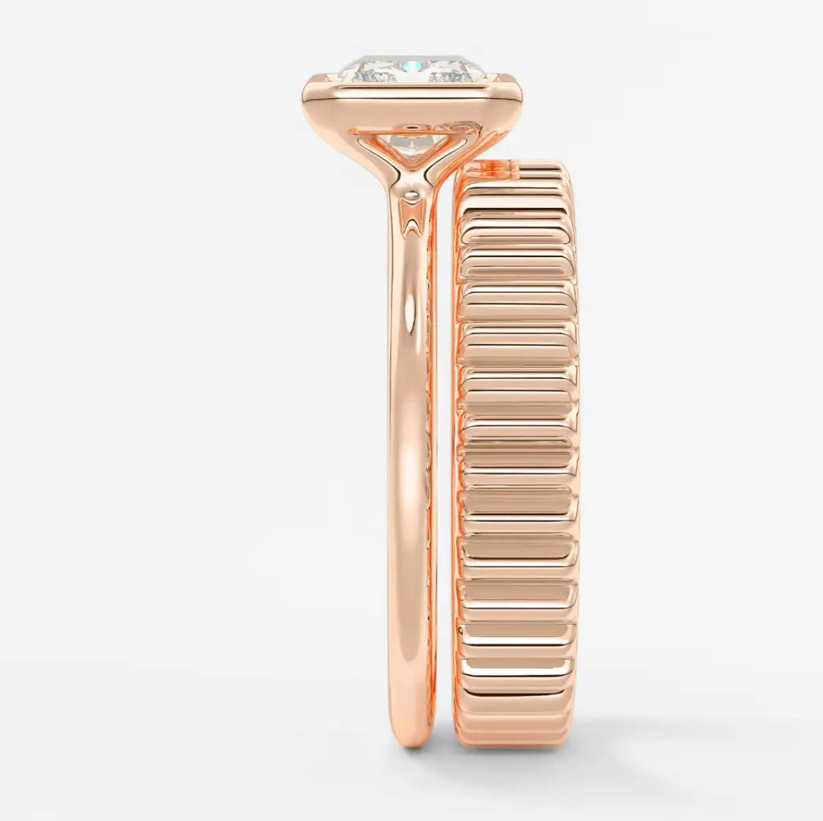 Custom made véda east-west radiant bezel engagement ring | lab diamond or moissanite –