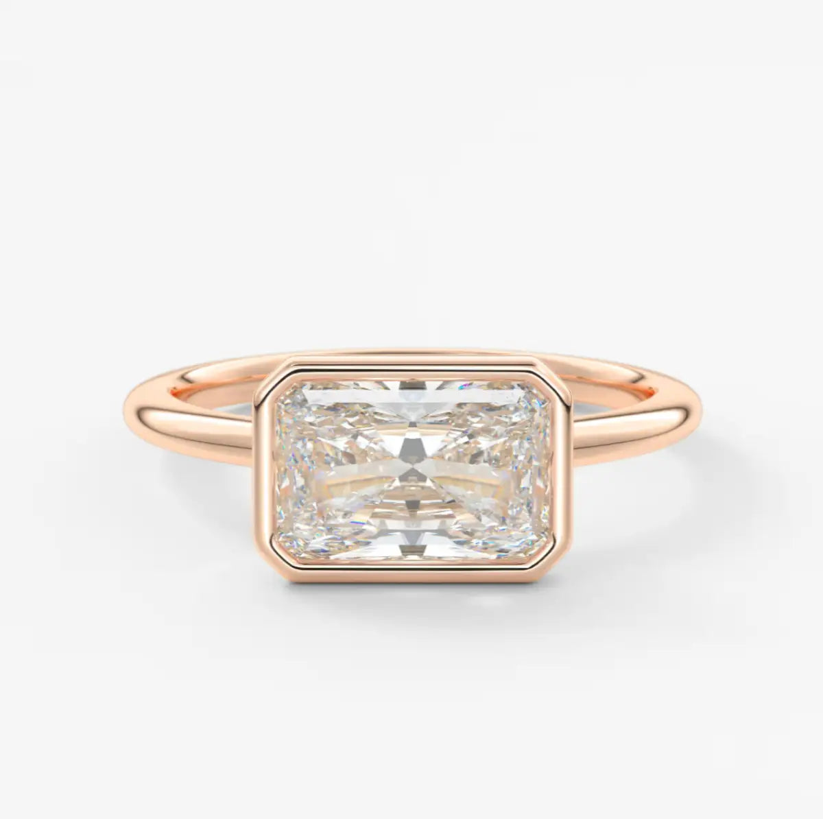 Custom made véda east-west radiant bezel engagement ring | lab diamond or moissanite –