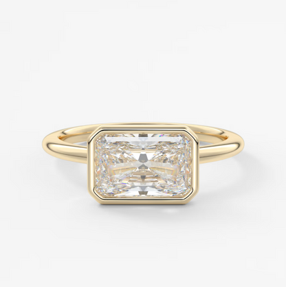 Custom made véda east-west radiant bezel engagement ring | lab diamond or moissanite –