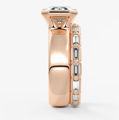 Custom made véda grande east-west emerald bezel ring | wide band | diamond lab