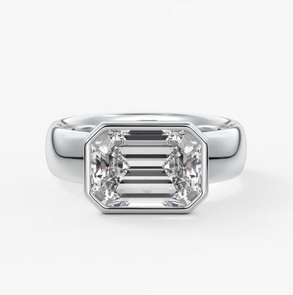 Custom made véda grande east-west emerald bezel ring | wide band | diamond lab