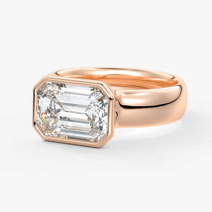 Custom made véda grande east-west emerald bezel ring | wide band | diamond lab