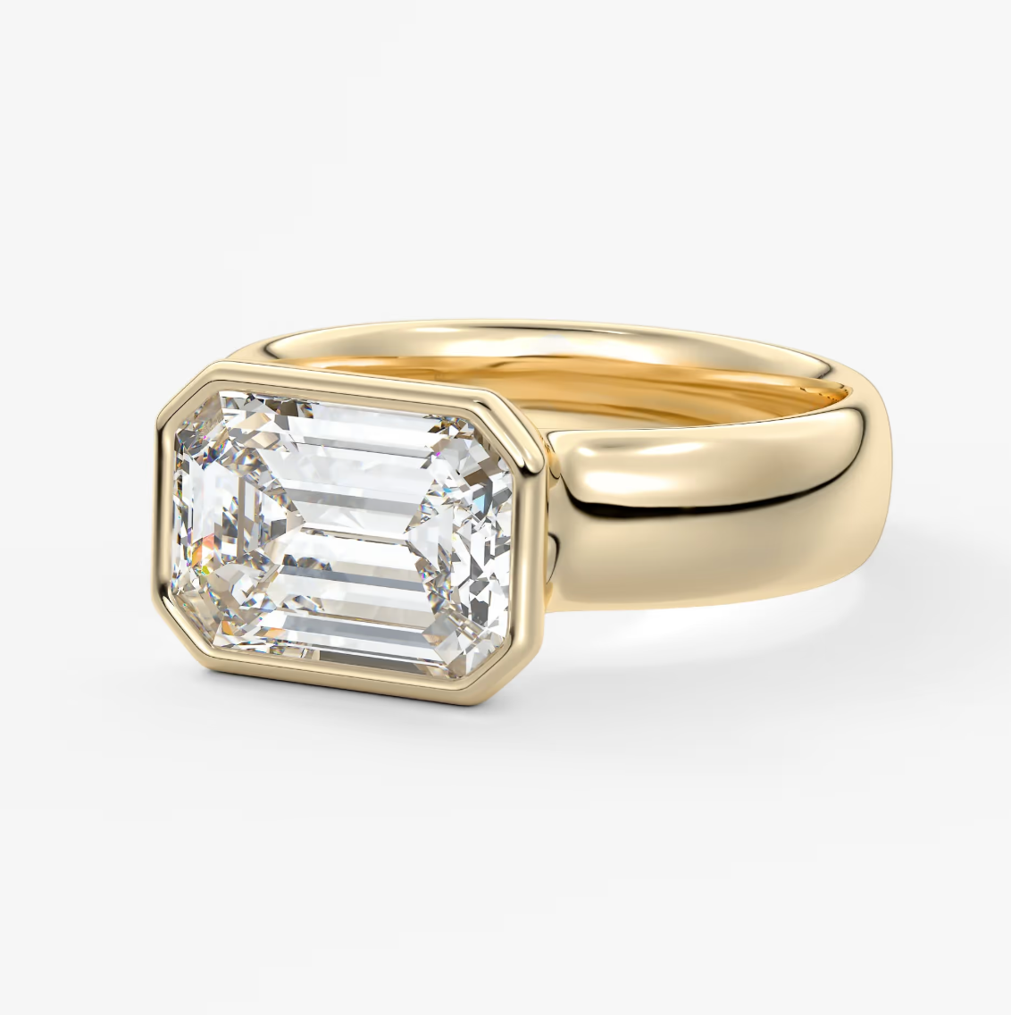 Custom made véda grande east-west emerald bezel ring | wide band | diamond lab