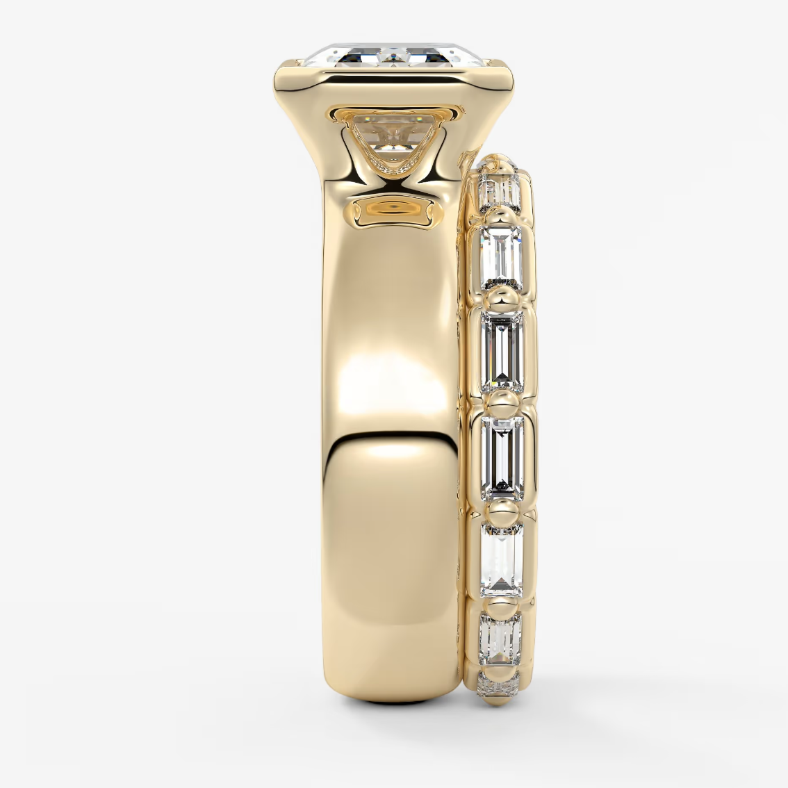 Custom made véda grande east-west emerald bezel ring | wide band | diamond lab