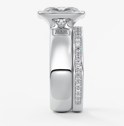 Custom made véda grande elongated cushion bezel ring | wide band | diamond lab