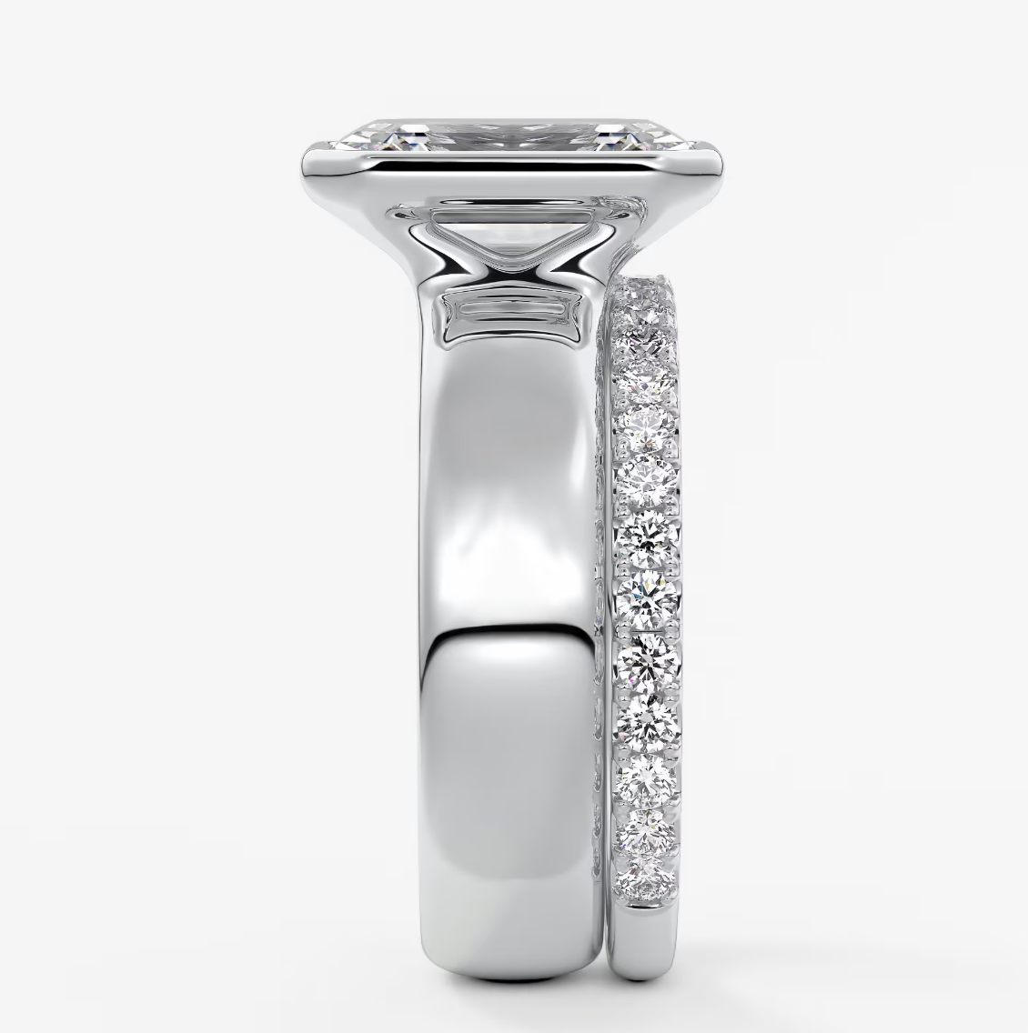 Custom made véda grande emerald bezel engagement ring | wide band | diamond lab