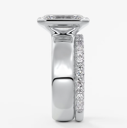 Custom made véda grande emerald bezel engagement ring | wide band | diamond lab